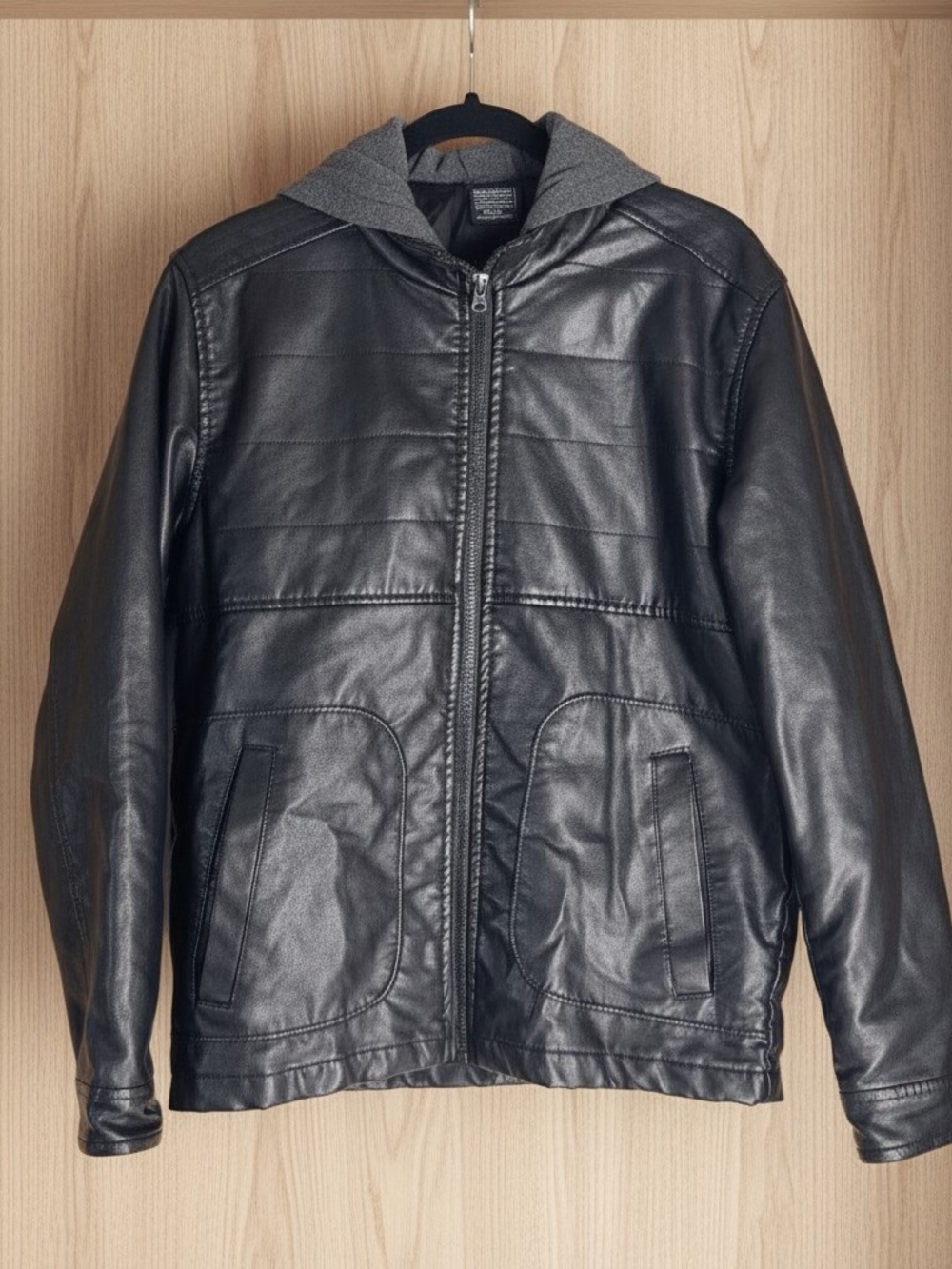 Ring of Fire Men's Faux Leather Hooded Jacket Black Size S Excellent Condition